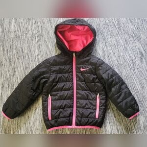 Nike Toddler Girl Black Hooded Puffer Jacket with Pink Accents